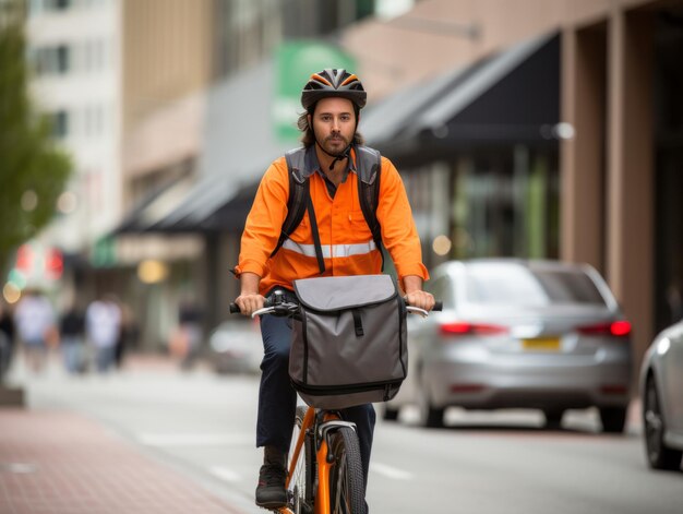 Delivery person cycling through the city to drop off packages