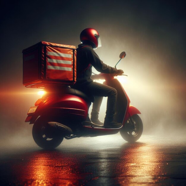 A delivery person riding a red scooter with an illuminated headlight against a dark atmospheric