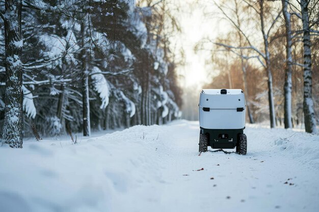 Delivery robot driving along a snowy road in winter