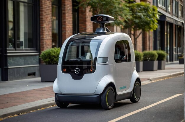 Photo delivery robot on the sidewalk near buildings