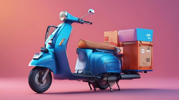 Delivery scooter out of the smartphone and location pointer online delivery ecommerce concept on blu