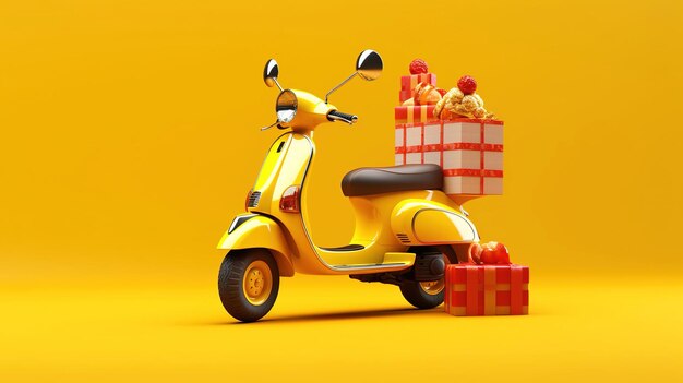 Delivery scooter with food box on yellow background Generative Ai