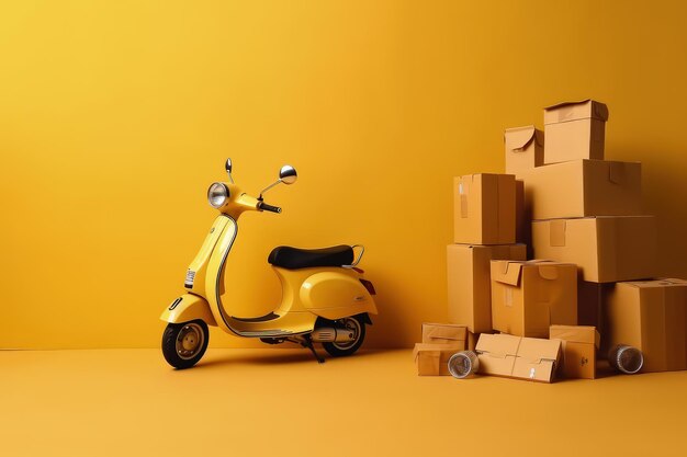 Delivery scooter with packages and cardboard boxes on the floor yellow background ai