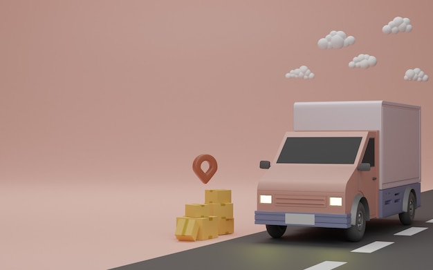 Photo delivery service concept, delivery to home. delivery van, brown box package and pin. 3d rendering.