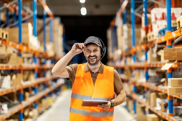 A delivery service man with voice picking headset and tablet is ready for work