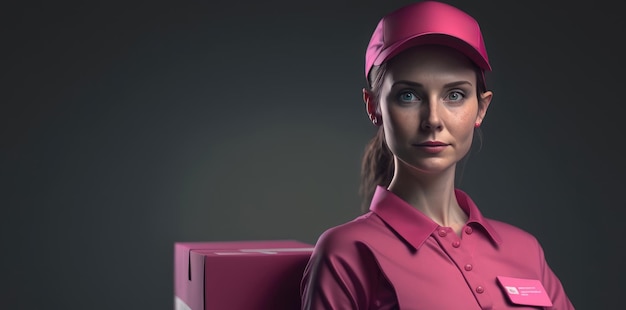 A delivery service woman in a pink uniform jacket with a box ai generated