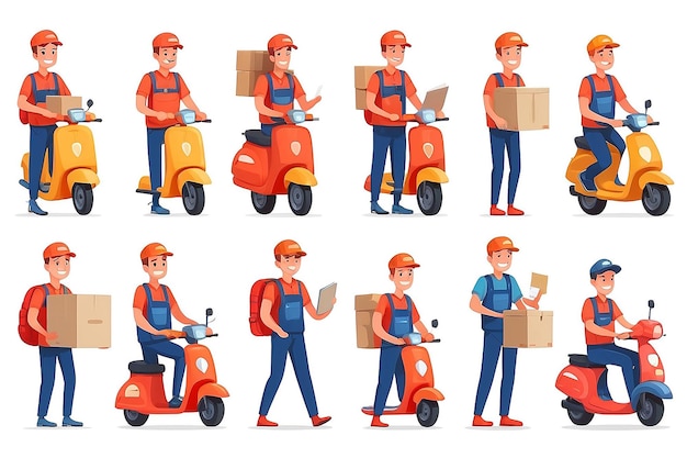 Photo delivery service workers flat vector illustrations set couriers postman