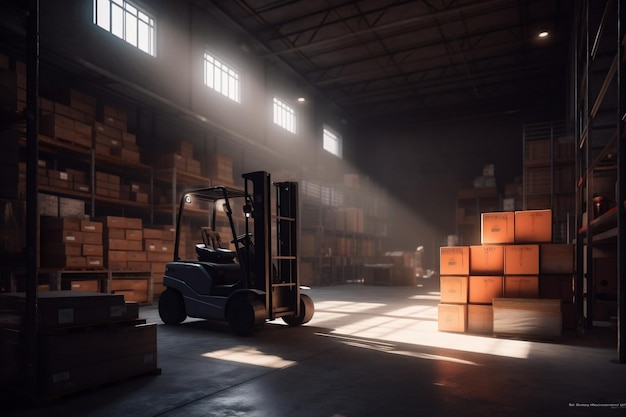 Delivery sun forklift cargo logistic storage distribution warehouse transportation box Generative AI