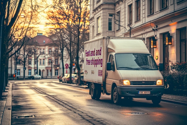 delivery truck and a box with a label Fast and free shipping