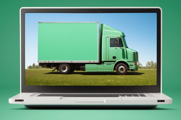 Delivery truck illustration on laptop screen green background generative ai