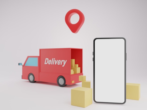 delivery truck, push pin,there's a box,there's phone, a blank white screen 3d rendering.