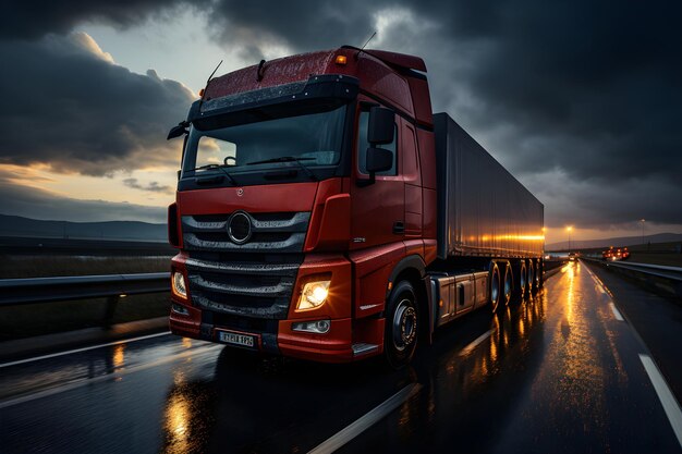 Delivery truck running on road in rainy day Fast delivery cargo logistics and delivery concept