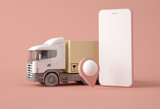 Delivery truck with boxes, map pointer and smartphone