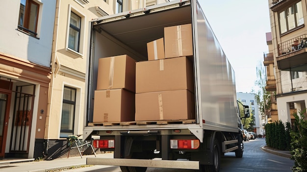 Photo delivery truck with open back doors and filled with cardboard boxes on a bright day