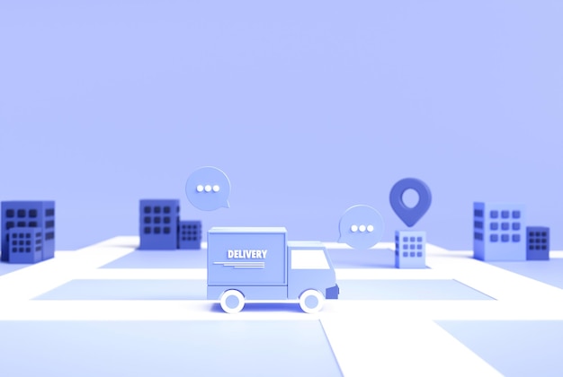 Delivery trucks on the road carry goods to customer at home with location pointer and bubble chat message ecommerce concept on blue background 3d illustration