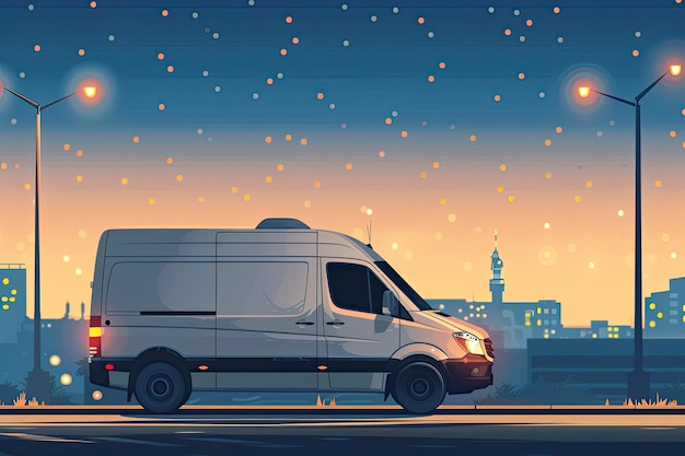 Photo delivery van drives at night