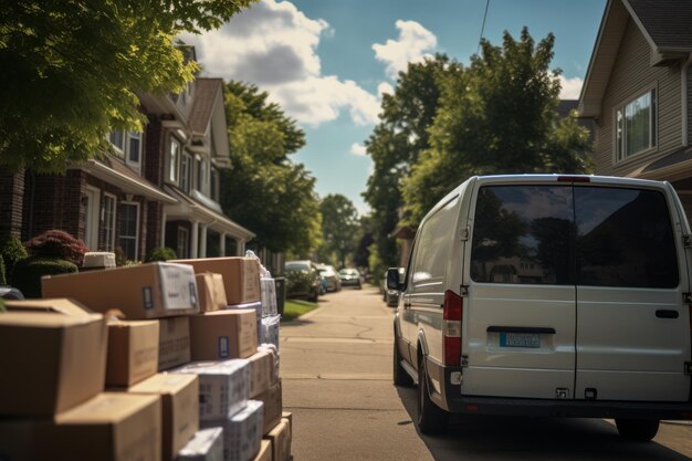 Foto delivery van geladen met pakketten rijdt langs de buurt generatieve ai