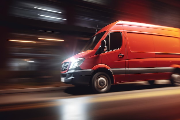 Photo a delivery van with glowing lights and fast motion blur generative ai