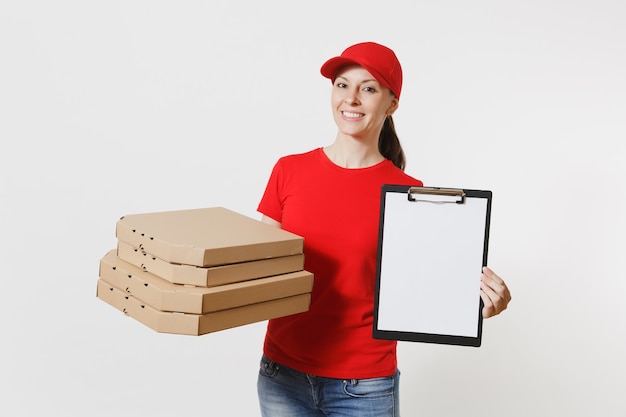 Delivery woman in red cap, t-shirt giving food order italian pizza in cardboard flatbox boxes isolated on white background. Female courier holding clipboard with papers document, blank empty sheet.