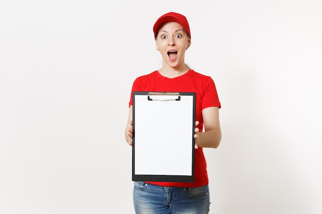 Delivery woman in red uniform isolated on white background. Female in cap, t-shirt, jeans working as courier or dealer, holding pen, clipboard with papers document, with blank empty sheet. Copy space.