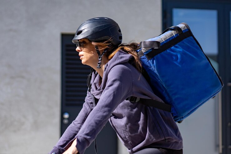 Photo delivery woman riding electric bicycle in city