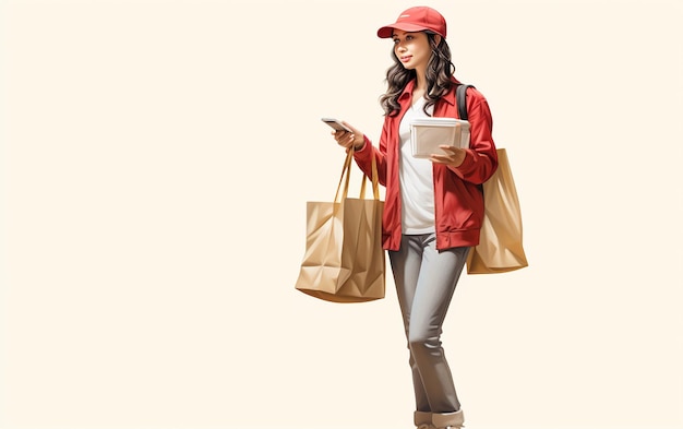 A Delivery Woman Standing with a Bag in Her Hand on a white background