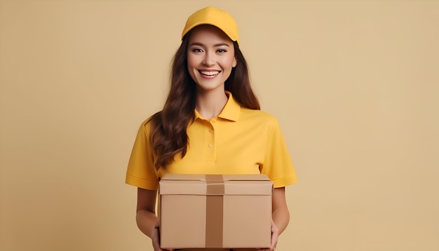 黄色い制服を着た配達女性がパッケージボックスを持ちカメラに笑顔を浮かべています