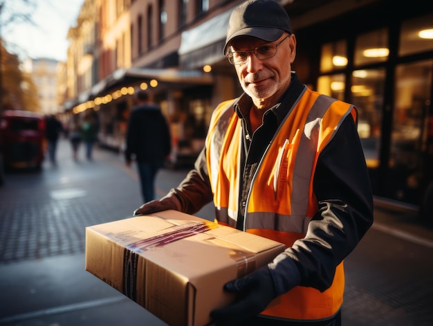 A delivery worker in a safety vest carries a parcel on a lively urban street with golden hour lighting Generative AI