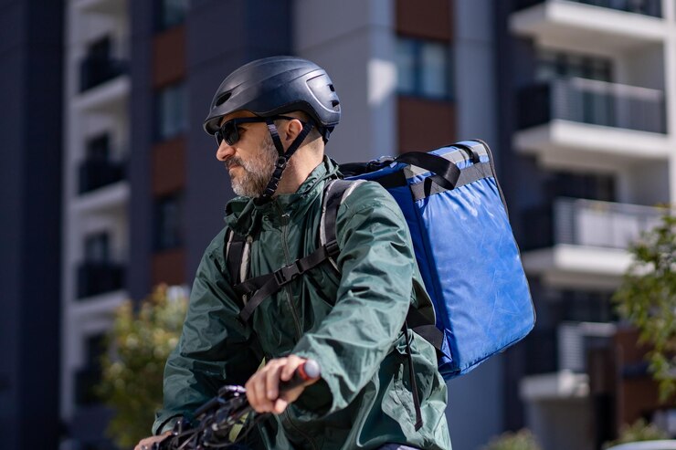 Photo deliveryman riding electric bicycle in city