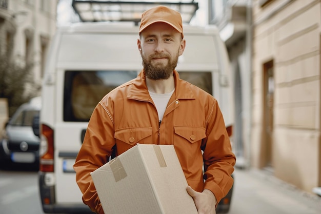 deliveryman in uniform uploading cardboard boxes