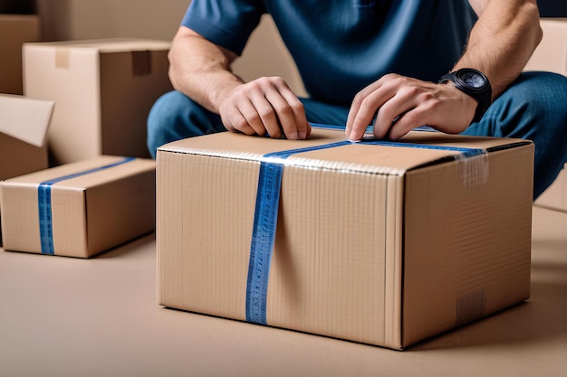 deliverymanclosingcarboardboxwithatapewhilepreparingpackagesforship