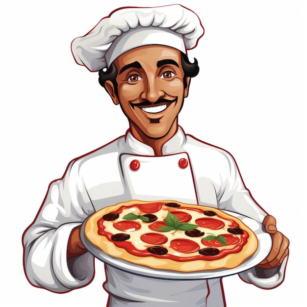 Delizioso An Illustration of a Joyful Italian Pizza Chef in a Classic White Hat and Black Hair