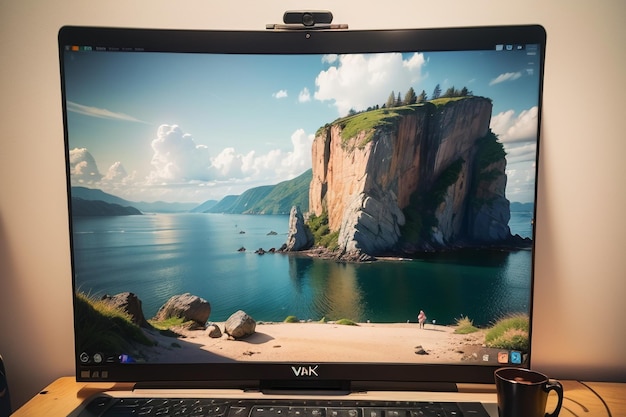 A dell computer monitor with a landscape on the screen.