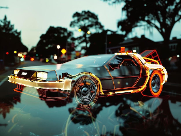 Delorean flux capacitor iconic time machine racing through Hill Valley from Back to the Future photography silhouette lighting Double Exposure Extreme closeup shot