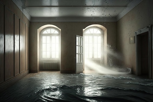 Потоп в пустой комнате здания затопил плоский интерьер, созданный с помощью генеративного ИИ