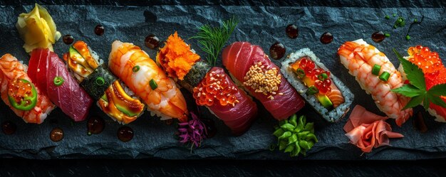 Foto collezione di sushi di lusso su ardesia scura con guarnizioni artistiche e arrangiamenti squisiti