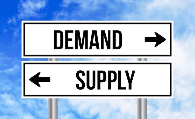 Demand or supply road sign on sky background