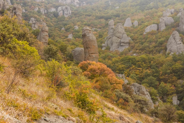 Demerdzhi 산맥 아래에서 바위의 보기