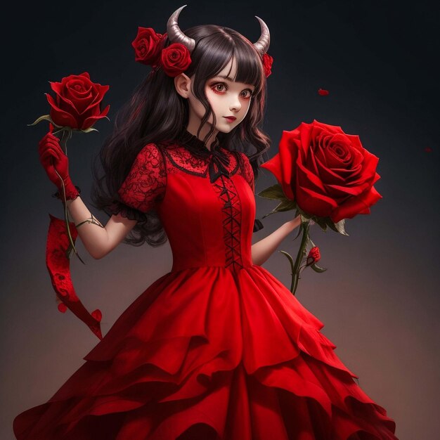 Demon girl wearing a red rose dress