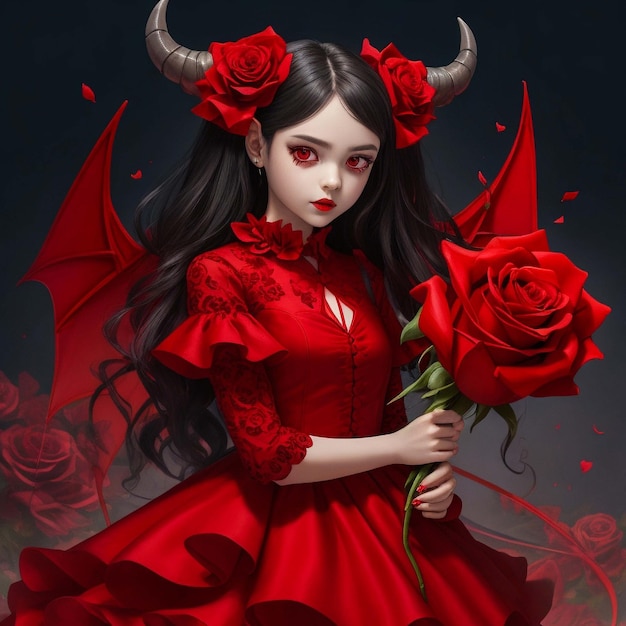 Demon girl wearing a red rose dress