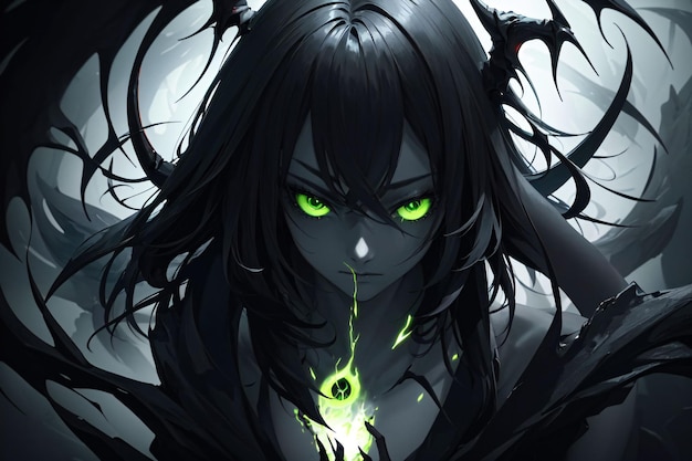 Demon girl with green eyes and green lights