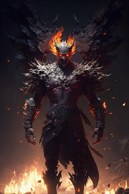 The demon is a dark fantasy character with a fire on his face.