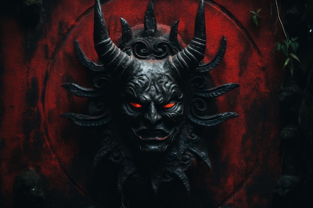 a demon mask with red eyes on a red background