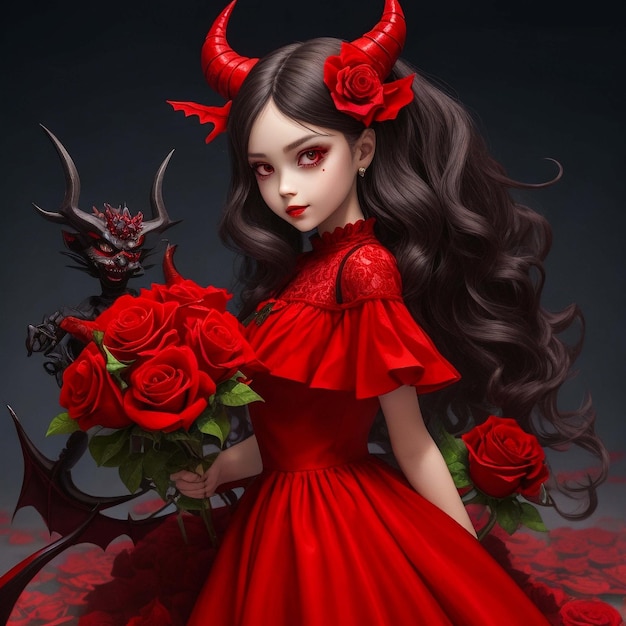 Demon meisje met een rode roos jurk.