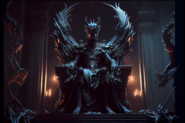 Demon sits imposingly on a throne in dark hall illustration AI