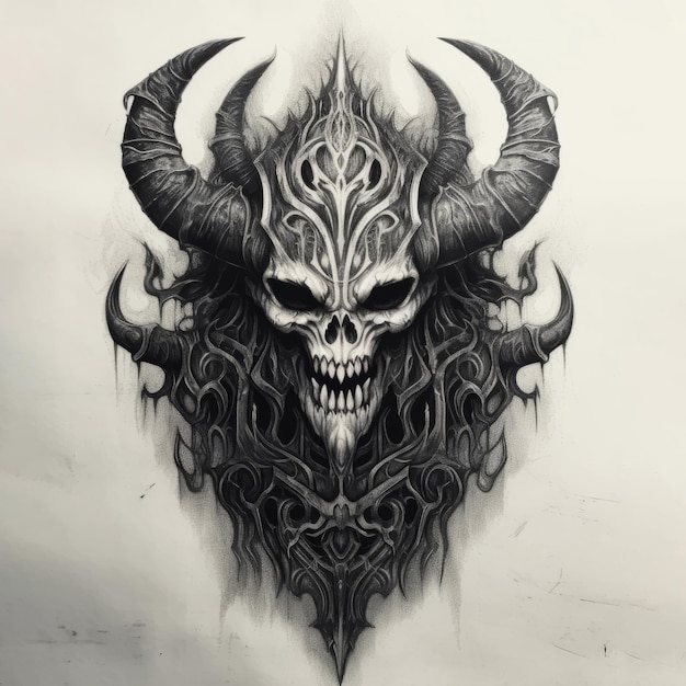 Foto demon skull tekening in donkerwit en zilver met zware schaduw en nauwkeurige details