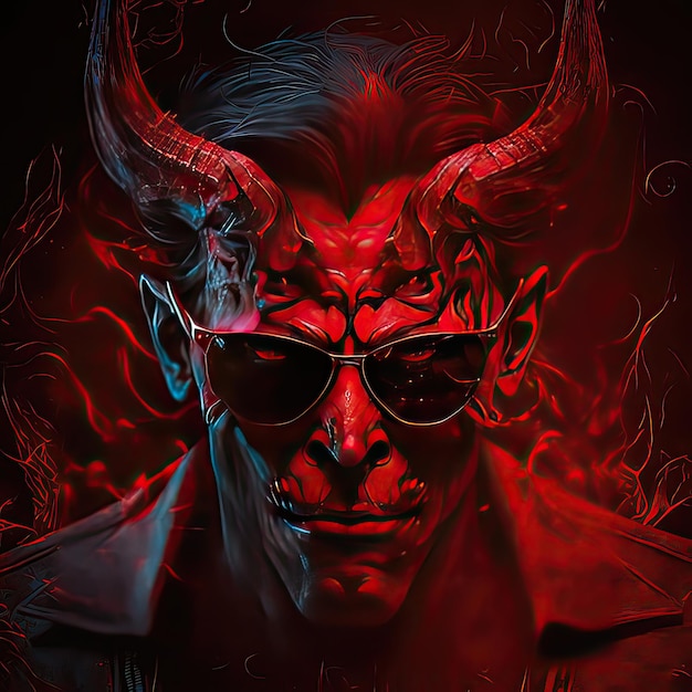 Demon in sunglasses and two hornsRed shades hell satan style threat flames demon threatening look high resolution art generative artificial intelligence