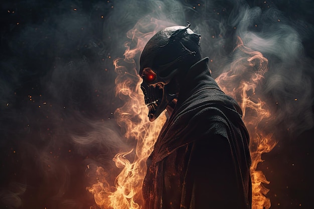 A demon surrounded by smoke and flames tempting a person to choose the dark side