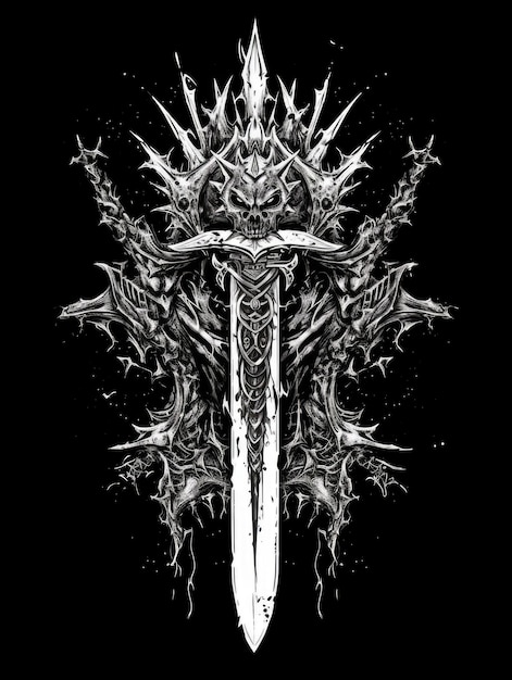 Demon sword black and white Print for Tshirts Generative AI