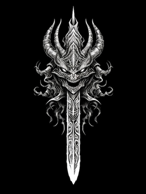 Demon sword black and white Print for Tshirts Generative AI